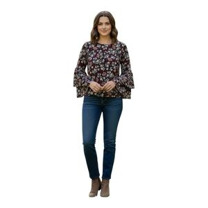 Ann Taylor LOFT Dark Floral Double Ruffle Bell Sleeve Blouse Top Petite Small SP